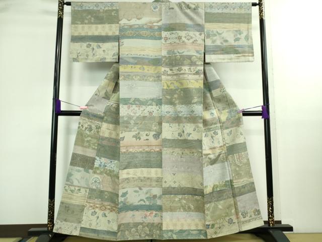 平和屋着物■極上　小千谷紬　百柄　繋ぎ絣　手織り　横段花蝶文　逸品　未使用　DZAB0140kh5