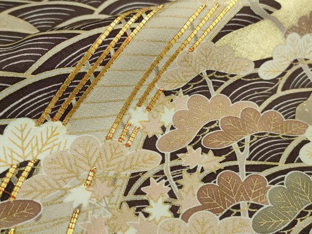 平和屋着物□極上 訪問着 友禅 駒刺繍 渡橋立波花文 滅紫色