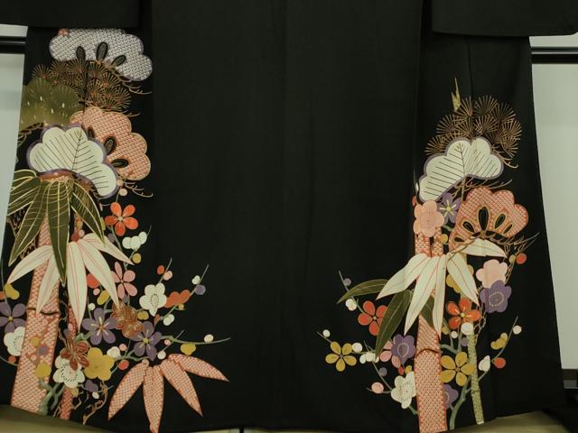 平和屋着物□極上 アンティーク 大正ロマン 黒留袖 駒刺繍 笹松花文 黒地