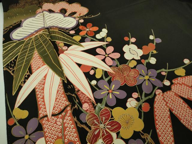 平和屋着物□極上 アンティーク 大正ロマン 黒留袖 駒刺繍 笹松花文 黒地