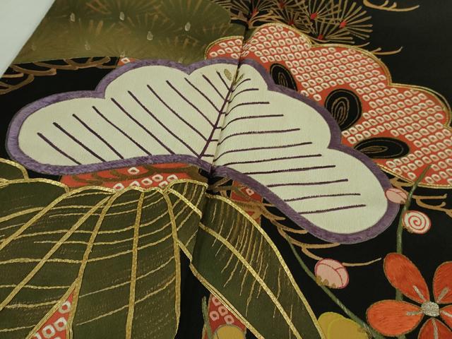 平和屋着物□極上 アンティーク 大正ロマン 黒留袖 駒刺繍 笹松花文 黒地