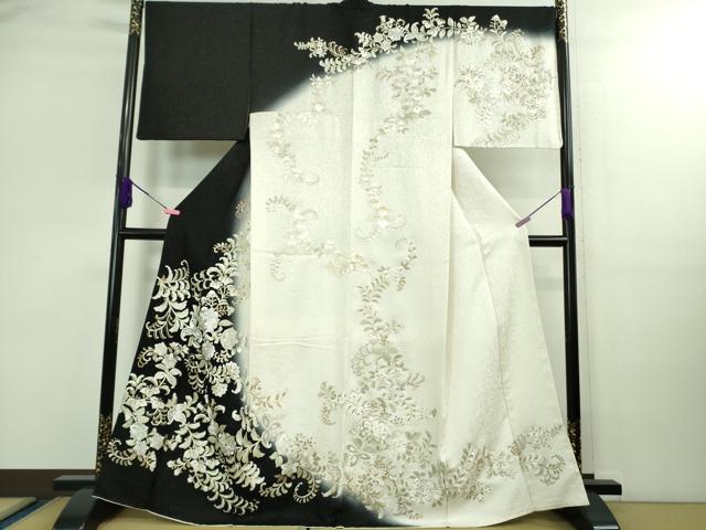 平和屋本店■極上　訪問着　総手刺繍　花唐草文　暈し染め　金銀糸　銀通し地　白×黒　逸品　DZAB0198kh5