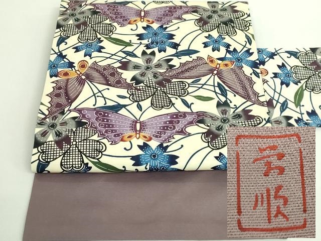 平和屋本店■最高級　城間栄順　本場琉球紅型　塩瀬　九寸名古屋帯　花蝶文　逸品　DZAB0207kh5