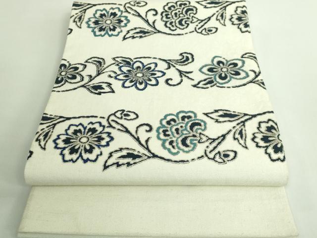 平和屋着物■極上　太鼓柄袋帯　紬地　花唐草　本藍　銀彩　逸品　DZAB0234kh5