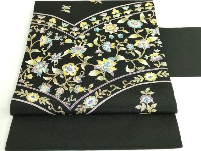平和屋本店■極上　岡重謹製　OKAJIMA　九寸名古屋帯　更紗花文　黒地　金彩　鬼しぼ縮緬　逸品　DZAB0253kh5