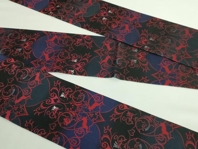 平和屋着物□極上 半幅帯 BANKAN わものや 猫 唐草 黒地 銀糸 逸品