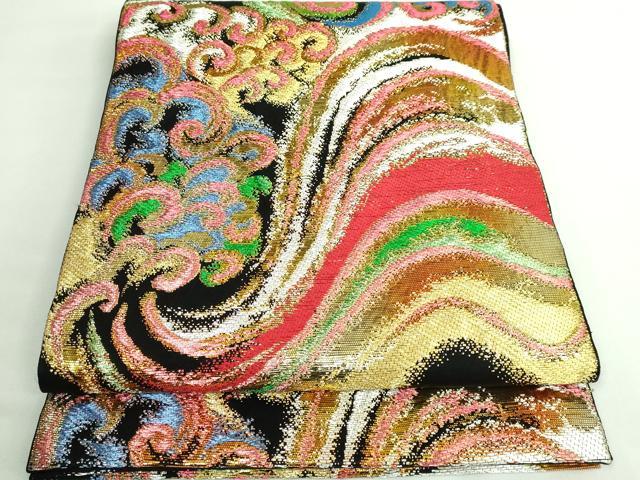 平和屋着物■極上　西陣　環美術織物　六通柄　本袋帯　波涛の文　黒地　金銀糸　逸品　DZAB0293kh5