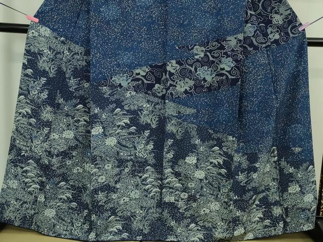 平和屋着物■極上　本藍　型絵染　訪問着　風景花唐草文　逸品　DZAB0349kh5 平和屋着物□極上 本藍 型絵染 訪問着 風景花唐草文