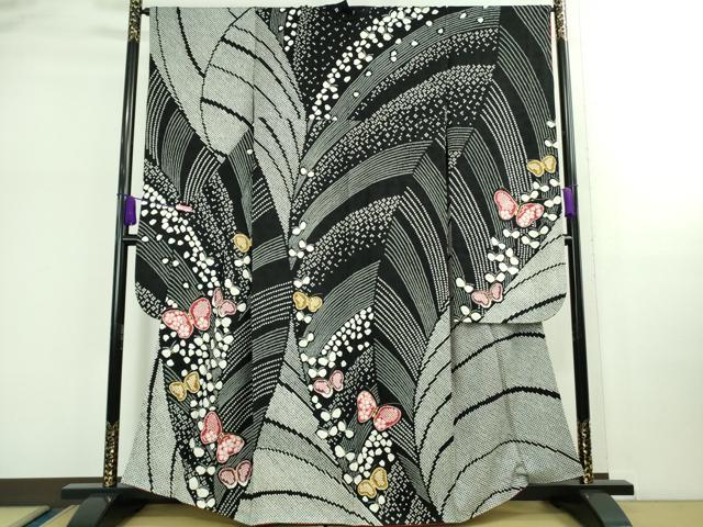平和屋着物■極上　振袖　総絞り　舞蝶文　黒地　金彩　逸品　DZAB0382kh5