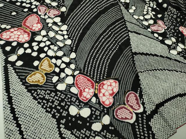 平和屋着物□極上 振袖 総絞り 舞蝶文 黒地 金彩 逸品 DZAB0382kh5