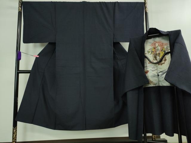 平和屋着物■極上　男性　紬　アンサンブル　長羽織　色無地　濃藍色　羽裏・歌舞伎　逸品　DZAB0410kh5