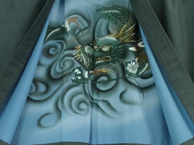 平和屋着物□極上 男性 紬 アンサンブル 亀甲柄 青褐色地 羽裏・龍