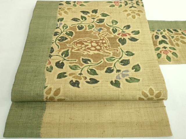 平和屋着物■極上　九寸名古屋帯　生紬　型染め　鹿花文　逸品　DZAB0454kh5