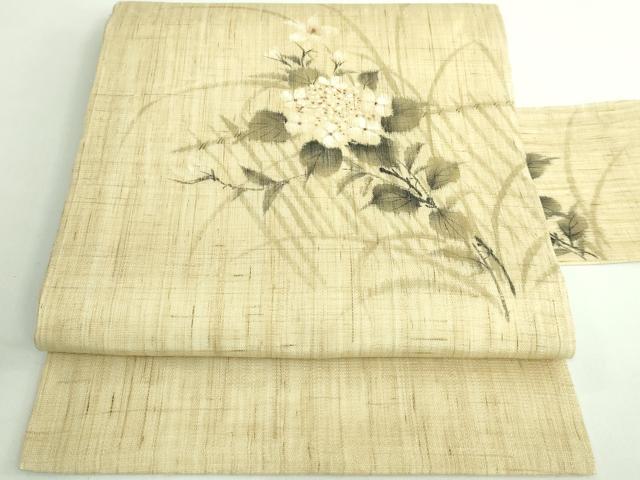 平和屋着物■極上　夏物　九寸名古屋帯　手描き　枝花文　麻　逸品　DZAB0458kh5