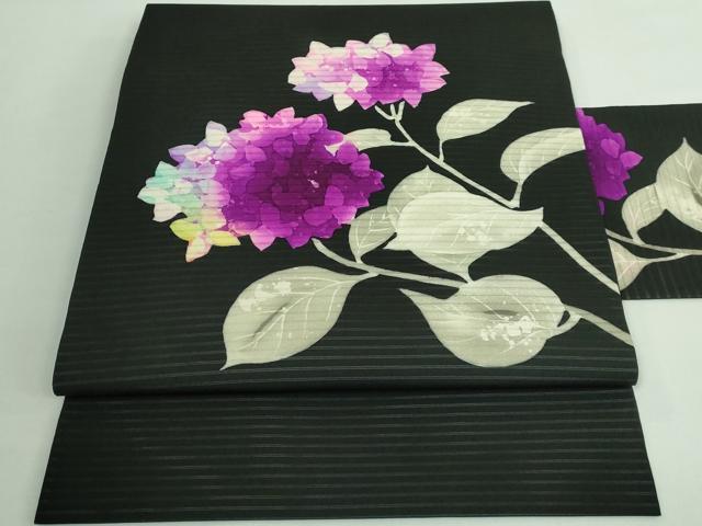 平和屋着物■極上　夏物　絽塩瀬　九寸名古屋帯　紫陽花　黒地　逸品　DZAB0463kh5