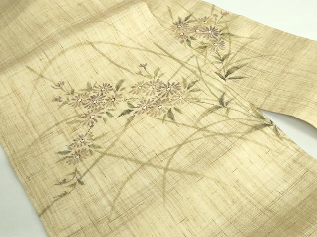 平和屋着物■極上　夏物　九寸名古屋帯　手描き　枝花文　麻　逸品　DZAB0495kh5_1