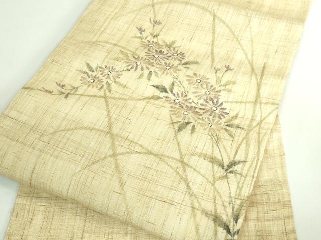 平和屋着物■極上　夏物　九寸名古屋帯　手描き　枝花文　麻　逸品　DZAB0495kh5_5