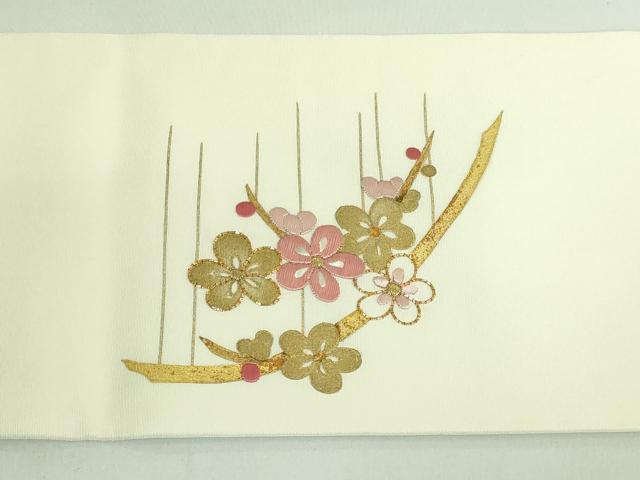 平和屋着物□極上 塩瀬 九寸名古屋帯 駒刺繍 四季花文 金彩