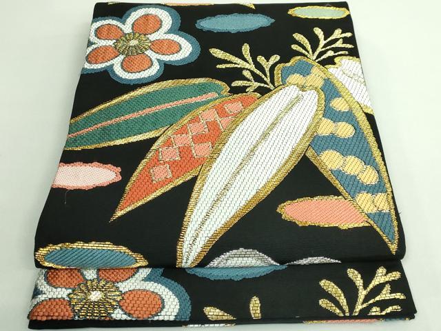 平和屋着物■極上　銀座越後屋　六通柄袋帯　唐織　舞花文　黒地　金銀糸　逸品　DZAB0528kh5
