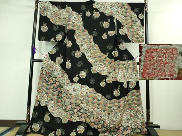 平和屋着物■極上　江戸紅型　五味桂子　訪問着　雪輪草花文　黒地　鬼しぼ縮緬　逸品　DZAB0570kh5