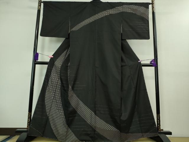 平和屋本店■極上　訪問着　紬地　刺し子　総刺繍　名物裂　黒地　逸品　未使用　DZAB0646kh5