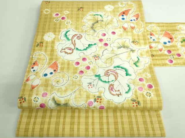 平和屋本店■希少　型絵染染色家・鈴木紀絵　九寸名古屋帯　手描き　絞り　舞花文　リス　逸品　DZAB0686kh5