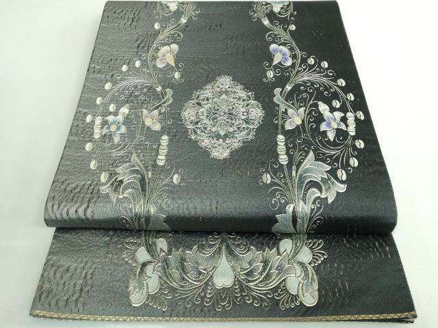 平和屋着物■極上　金彩友禅　卓越技能者 名工・和田光正監修　 京金彩 由光　太鼓柄袋帯　洋花文　銀彩　逸品　DZAB0712kh5