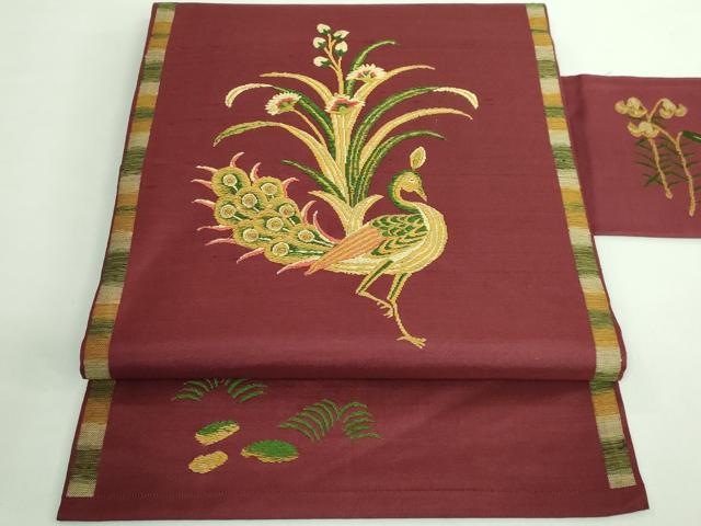 平和屋着物■極上　洛風林　工芸帯地　九寸名古屋帯　孔雀花文　逸品　DZAB0727kh5