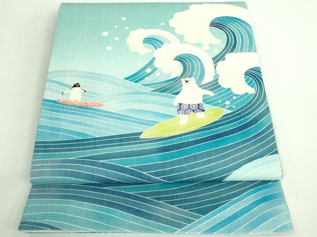 平和屋着物■極上　夏物　太鼓柄　京袋帯　WAKKA　ワッカ　白くま　ペンギン　サーフィン　麻　逸品　DZAB0732kh5