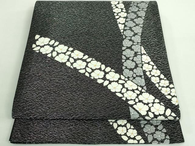 平和屋着物●極上　東京友禅　菅有鬼一　六通柄袋帯　舞花文　黒地　銀糸　逸品　DZAB0750kh5