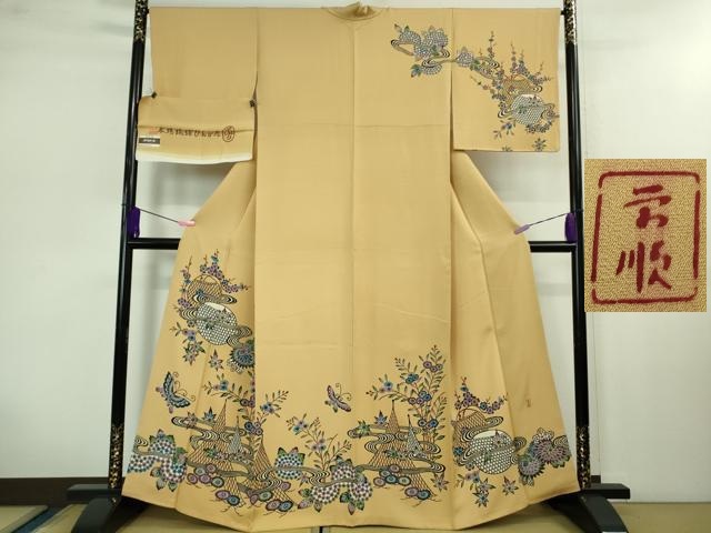 平和屋本店■最高級　城間栄順　本場琉球紅型　訪問着　舞蝶花文　飴色地　反端付き　逸品　DZAB0754kh5