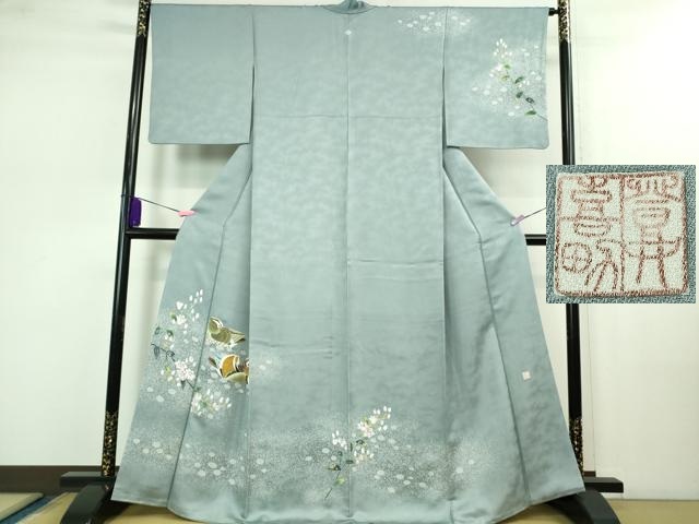 平和屋本店■極上　人間国宝・羽田登喜男　訪問着　鴛鴦花文　たたき染め　逸品　DZAB0765kh5