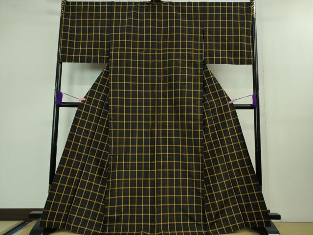 平和屋本店□極上 黄八丈 黒八丈 紬 単衣 格子 やまと誂製