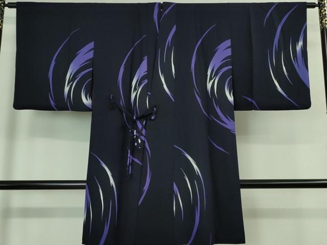 平和屋着物■極上　道中着　ロング丈　霞文　紫黒色地　反端付き　逸品　DZAB0838kh5