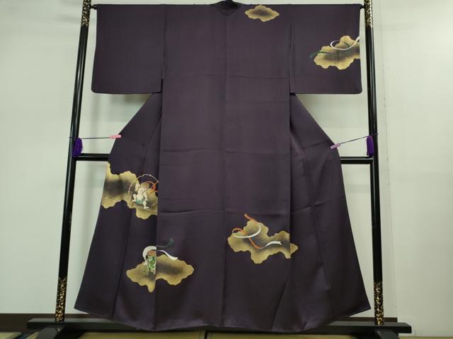 平和屋本店■極上　訪問着　風神雷神　紫紺色地　金彩　反端付き　逸品　DZAB0860kh5