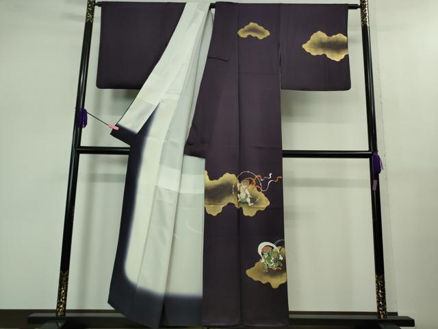 平和屋本店□極上 訪問着 風神雷神 紫紺色地 金彩 反端付き