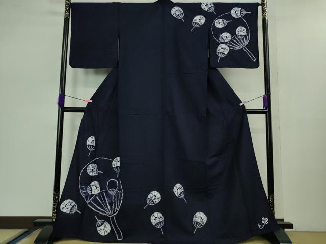 平和屋着物■極上　夏物　浴衣　有松鳴海絞り　団扇　うちわ　紺色地　綿　逸品　DZAB0880kh5