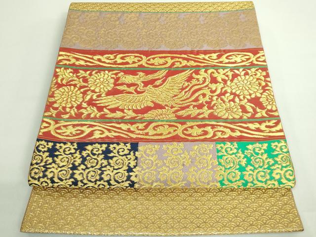 平和屋着物■極上　龍村晋謹製　太鼓柄袋帯　赤鳳凰文錦　金糸　逸品　DZAB0910kh5