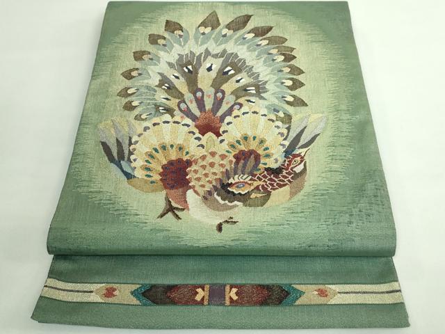 平和屋本店■極上　手織綴れ　山鹿清華　太鼓柄袋帯　孔雀　金銀糸　逸品　DZAB0974kh5