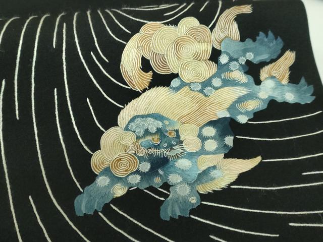 平和屋着物■極上　塩瀬　九寸名古屋帯　総手刺繍　唐獅子　黒地　逸品　DZAB0984kh5 平和屋着物□極上 塩瀬 九寸名古屋帯 総手刺繍 唐獅子 黒地 逸品