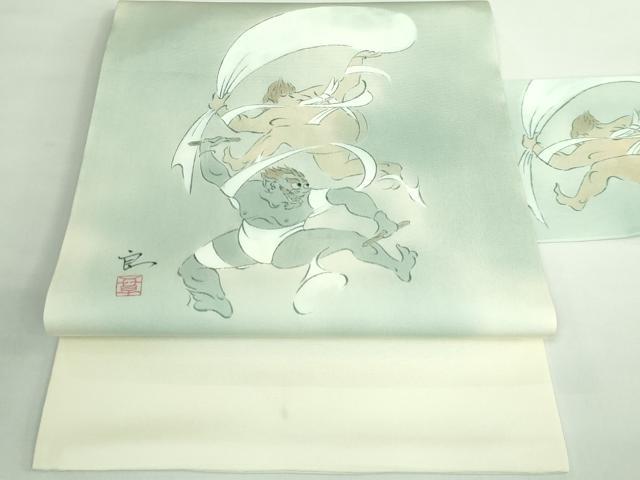 平和屋着物■極上　塩瀬　九寸名古屋帯　作家物　手描き　風神雷神　逸品　DZAB0988kh5