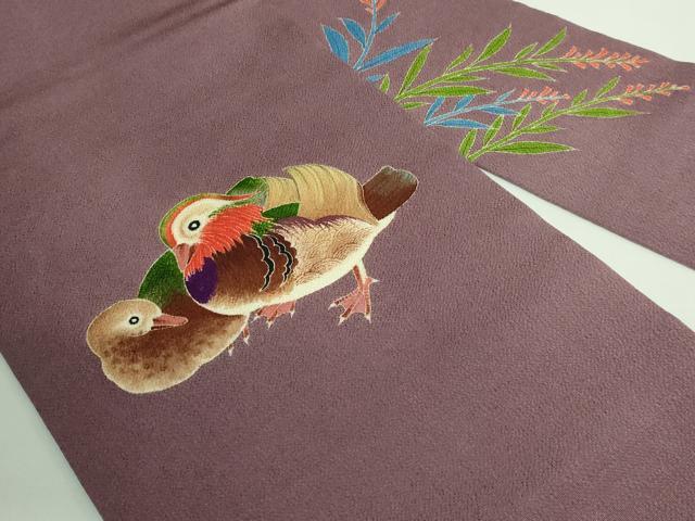 平和屋着物■極上　本加賀友禅作家　北村比呂志　九寸名古屋帯　鴛鴦　薄い葡萄鼠色地　鬼しぼ縮緬　逸品　DZAB0993kh5 平和屋着物□極上 本加賀友禅作家 北村比呂志 九寸名古屋帯 鴛鴦