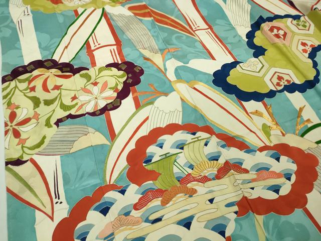平和屋本店■極上　アンティーク　大正ロマン　振袖　駒刺繍　笹竹雲文　金彩　逸品　DZAB1012kh5 平和屋本店○極上 アンティーク 大正ロマン 振袖 駒刺繍 笹竹雲文 金彩
