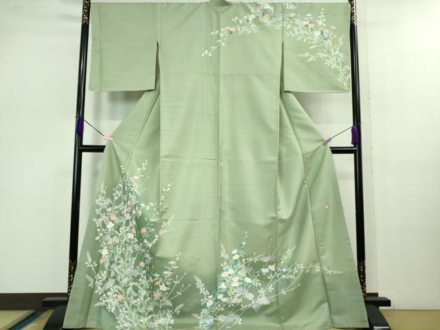 平和屋着物■極上　訪問着　白山紬　友禅　作家物　枝花文　柳鼠色地　逸品　未使用　DZAB1025kh5