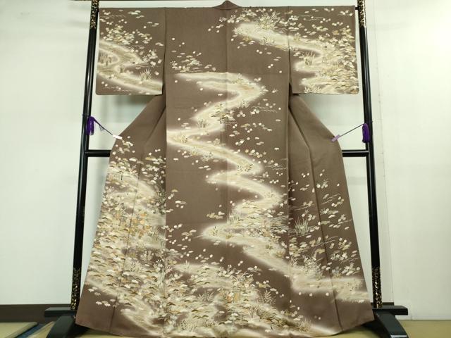 平和屋本店■極上　訪問着　駒刺繍　御所解文　煤竹色地　暈し染め　逸品　DZAB1030kh5