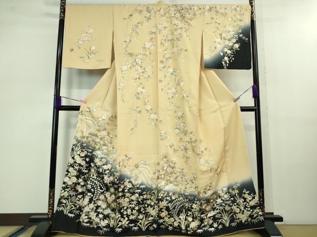 平和屋本店■極上　訪問着　駒刺繍　枝垂れ花文　砥粉色地　暈し染め　金彩　逸品　DZAB1038kh5