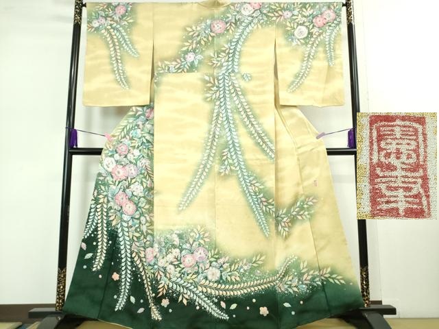 平和屋本店■極上　越後十日町の一流染匠　桐屋・翠山工房　徳永憲峯　訪問着　辻が花　暈し染め　銀通し地　逸品　DZAB1040kh5