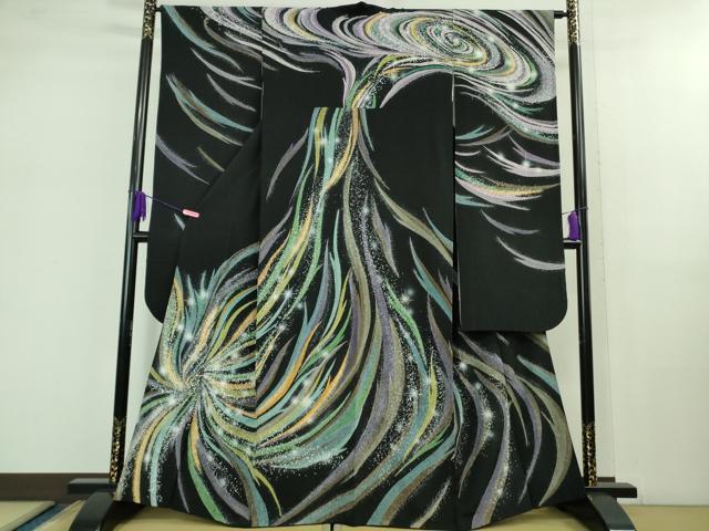 平和屋本店■極上　振袖　たたき染め　蛍暈し　黒地　金彩　逸品　DZAB1041kh5