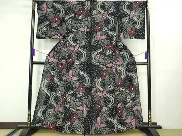 平和屋着物■極上　夏物　浴衣　有松鳴海絞り　舞蝶文　黒地　綿　逸品　DZAB1056kh5