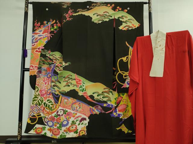 平和屋着物■極上　アンティーク　大正ロマン　振袖・長襦袢(袷・半衿刺繍)セット　駒刺繍　几帳鳳凰花文　黒地　金彩　逸品　DZAB1089kh5